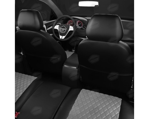 Авточехлы ГАЗель Next (3 высоких) экокожа черные,  серая строчка ромб комплект AVTOLIDER