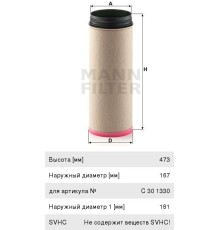 Фильтр воздушный КАМАЗ-5490, 6520 дв.OM457LA LIEBHERR LTM 1130-5.1 дополнительный MANN