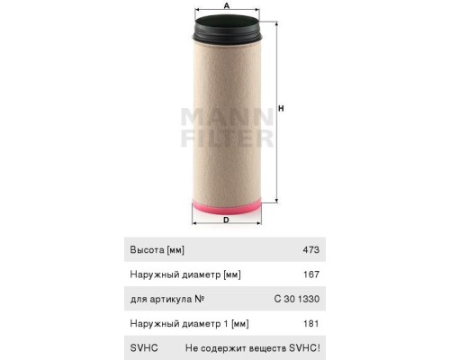 Фильтр воздушный КАМАЗ-5490, 6520 дв.OM457LA LIEBHERR LTM 1130-5.1 дополнительный MANN