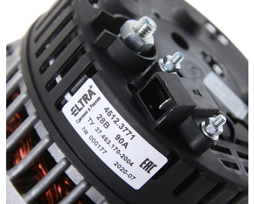 Генератор МАЗ, ЛАЗ, УРАЛ дв.ЯМЗ ЕВРО-3 поликлиновой шкив, монокронштейн 28В 90А ELTRA