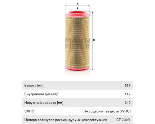 Фильтр воздушный JCB JS, JZ КАМАЗ ЕВРО-5 внешний MANN
