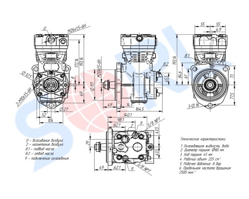 Компрессор МАЗ, ПАЗ-320412, УРАЛ-4320 дв.ЯМЗ-534, 536 (1 цил.) жид.охлаж. 270л/мин. (17-) SORL