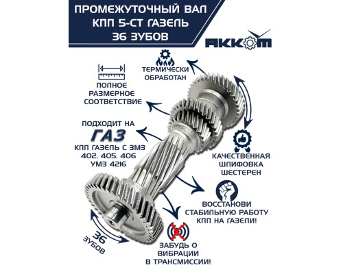 Вал КПП ГАЗ-3302 промежуточный z=36 АККОМ