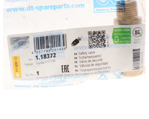 Клапан защитный SCANIA 2, 3, 4 series (для пневмосистем M16х1.5мм 2.0MPa/14.3Bar) DT