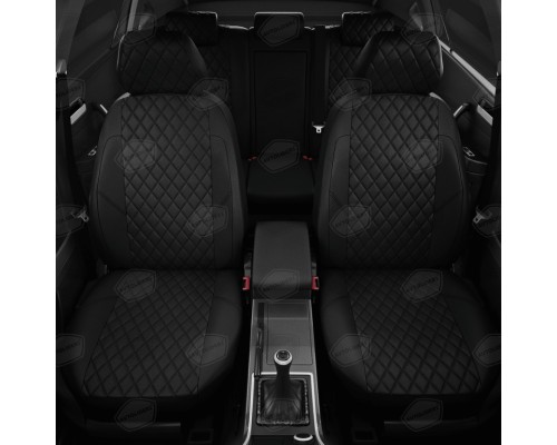 Авточехлы ГАЗель Next (3 высоких) экокожа черные,  черная строчка ромб комплект AVTOLIDER